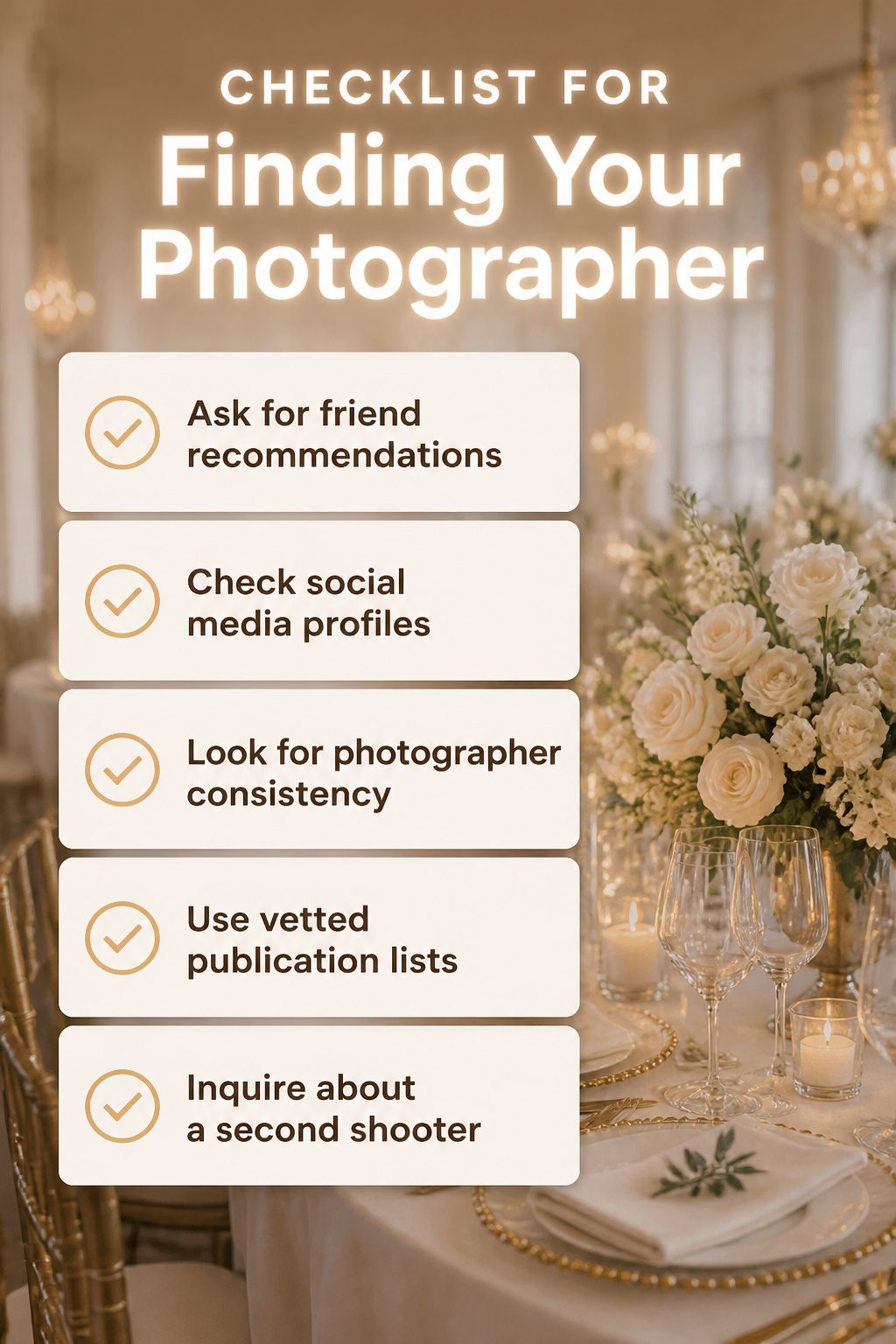 Checklist for selecting a wedding photographer.