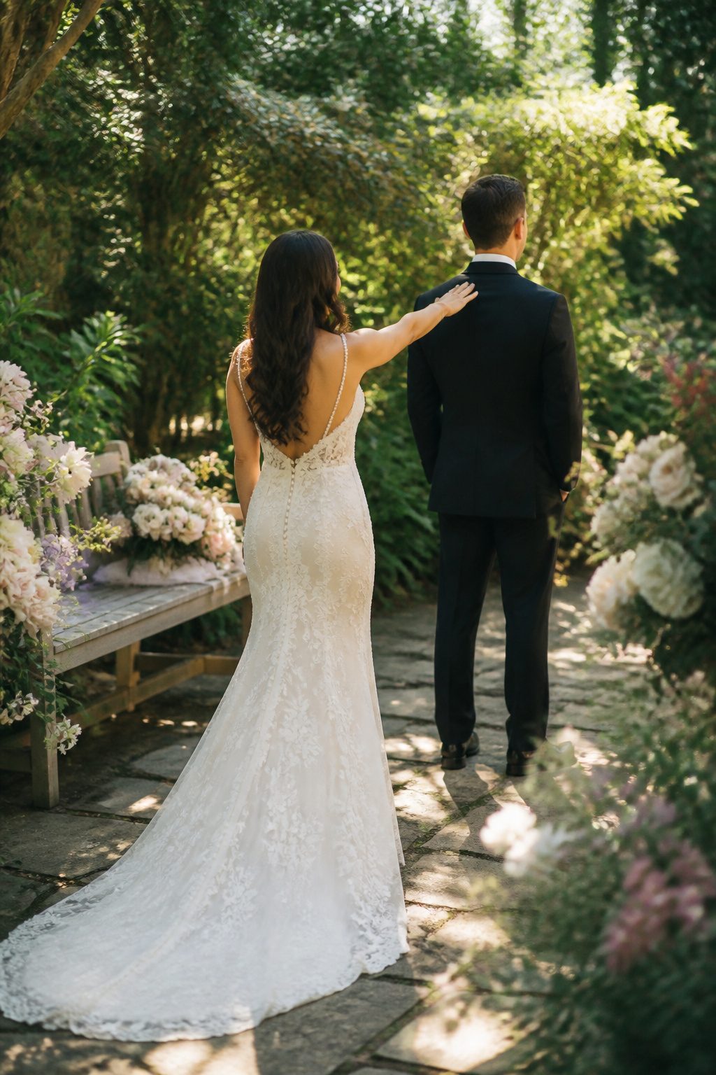 Couple having a private first look moment before the wedding ceremony.