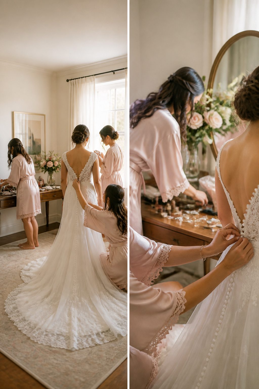 Bridesmaids in robes assisting the bride in a bridal suite.