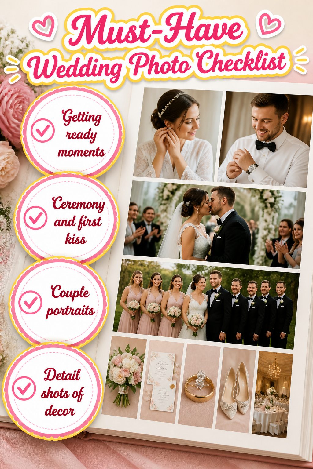 Checklist of must-have wedding photos for couples.