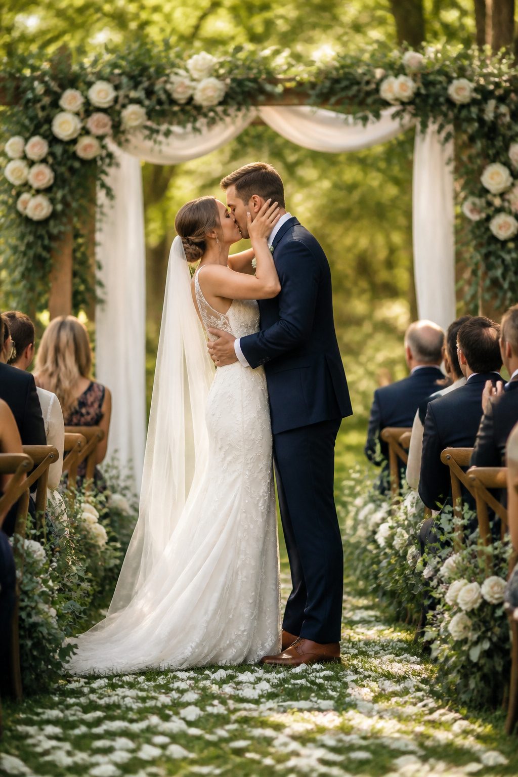 Couple sharing their first kiss during the wedding ceremony.