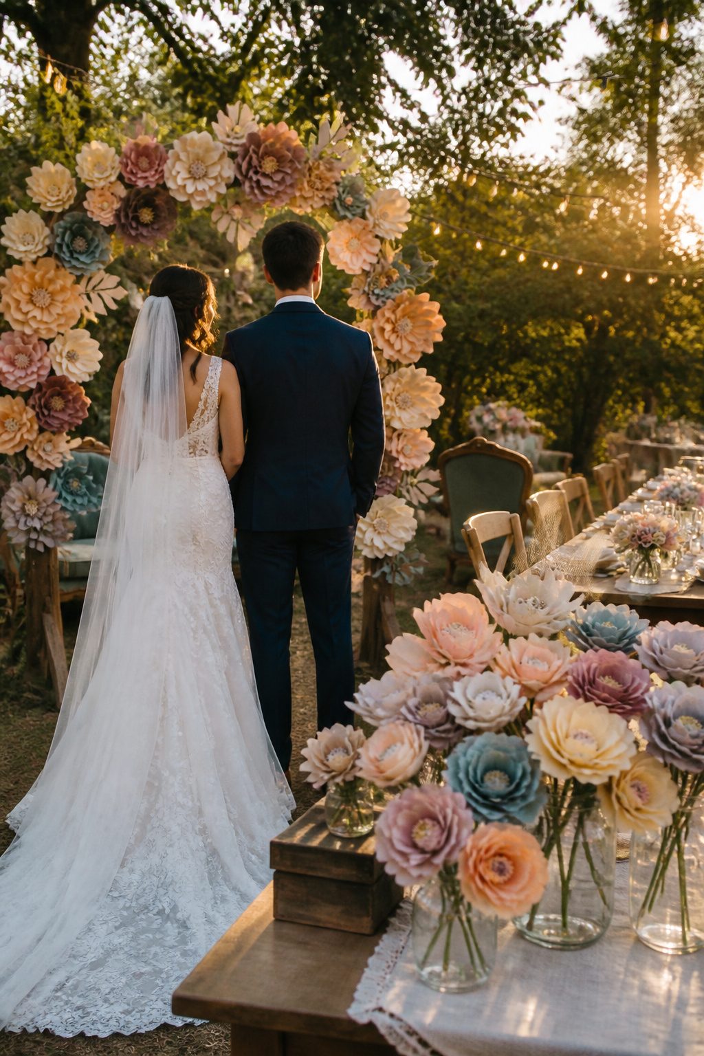 Rustic wedding arch decorated with handmade paper flowers.