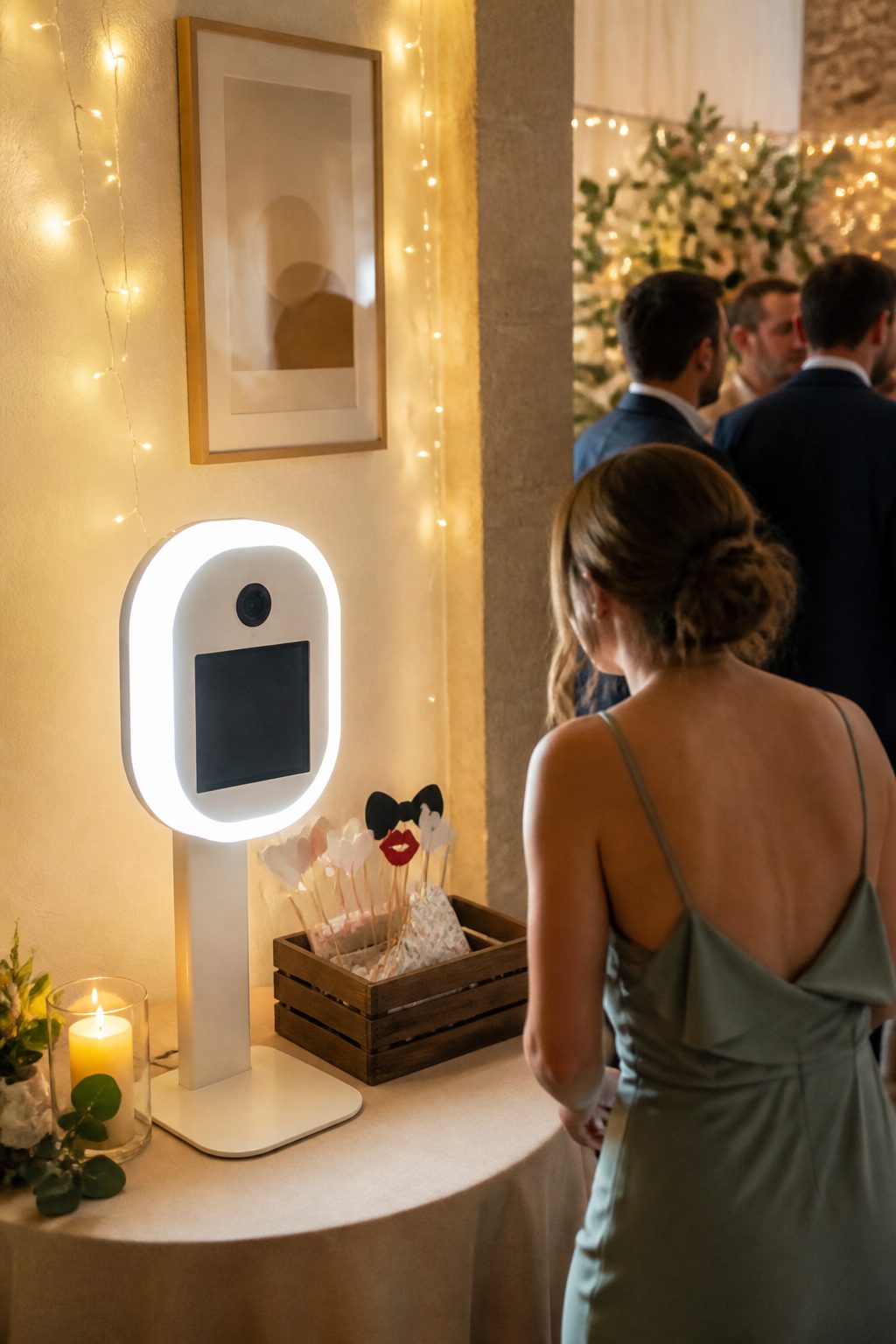 A compact digital selfie booth with a tablet and props.
