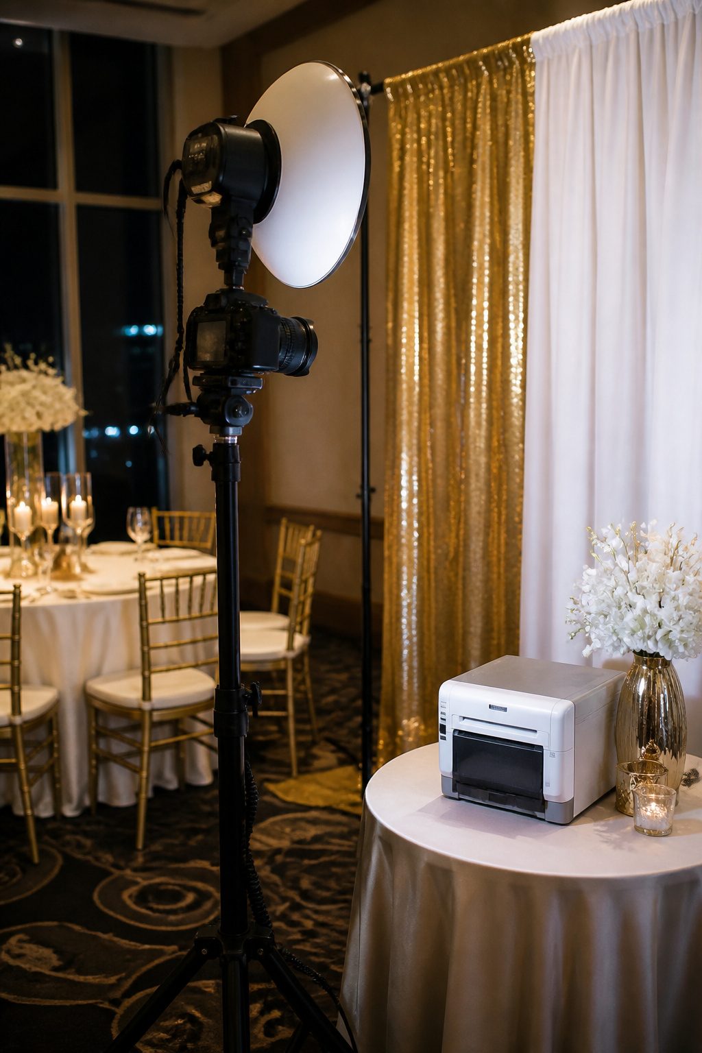 A DSLR photo booth featuring a Canon camera and lighting rig.
