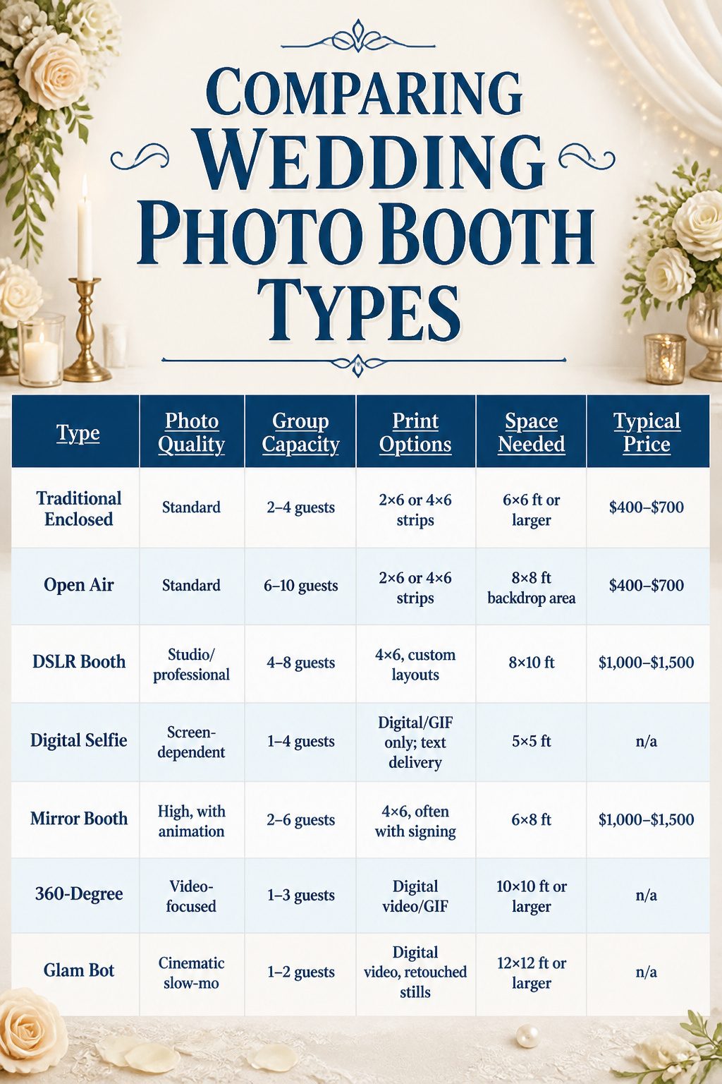 A chart comparing features and pricing of different wedding photo booths.