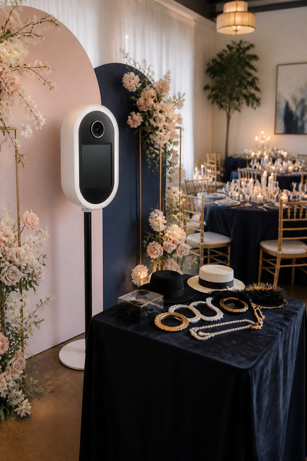 A wedding photo booth with a custom floral backdrop and elegant props.