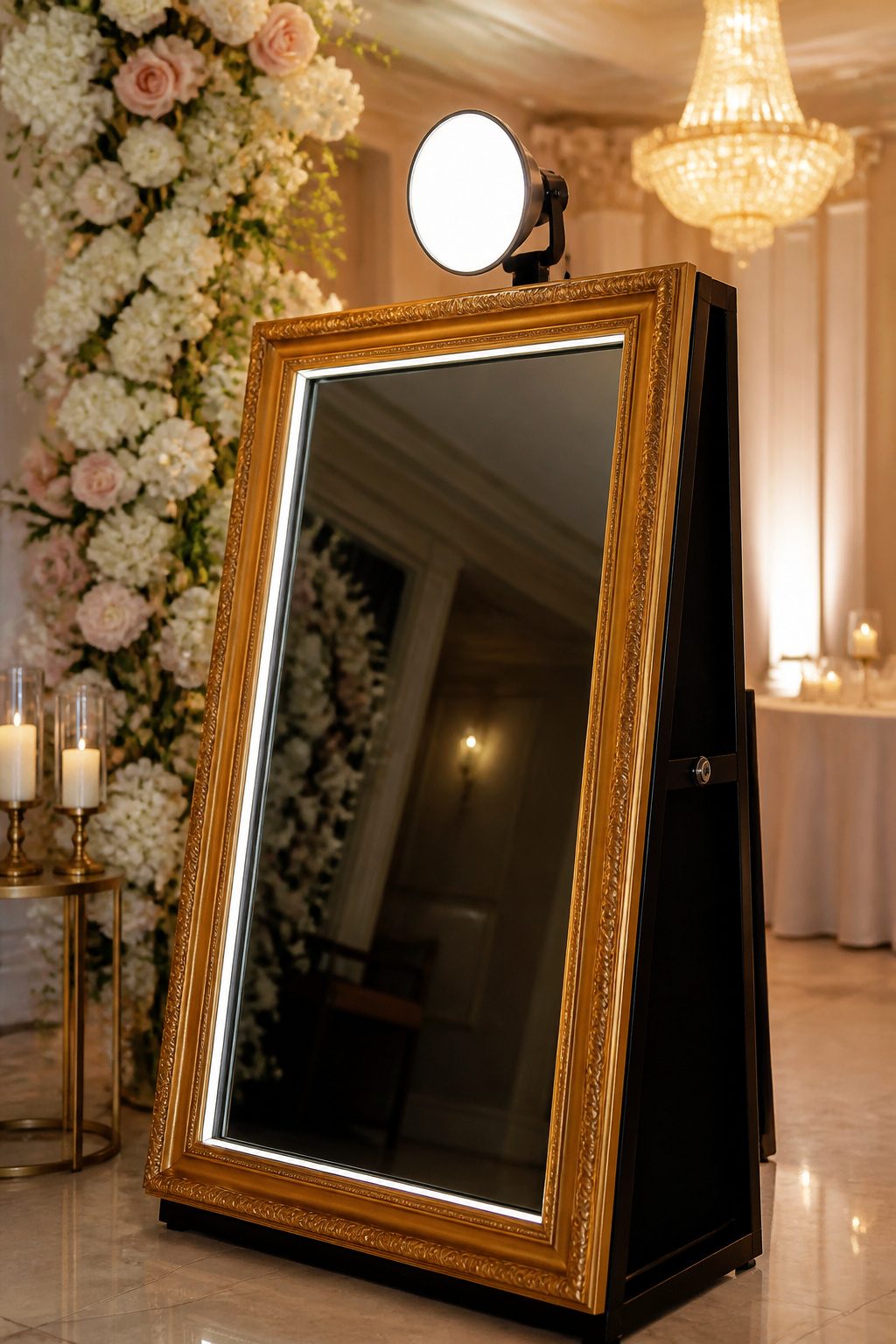 A full-length mirror photo booth with a touch screen interface.