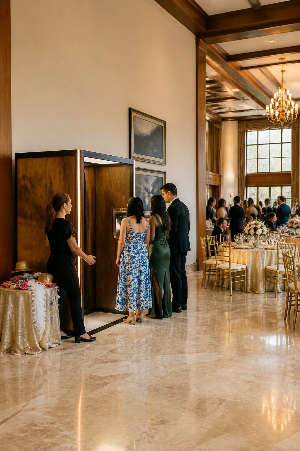 A photo booth in a reception hall with setup and an attendant.