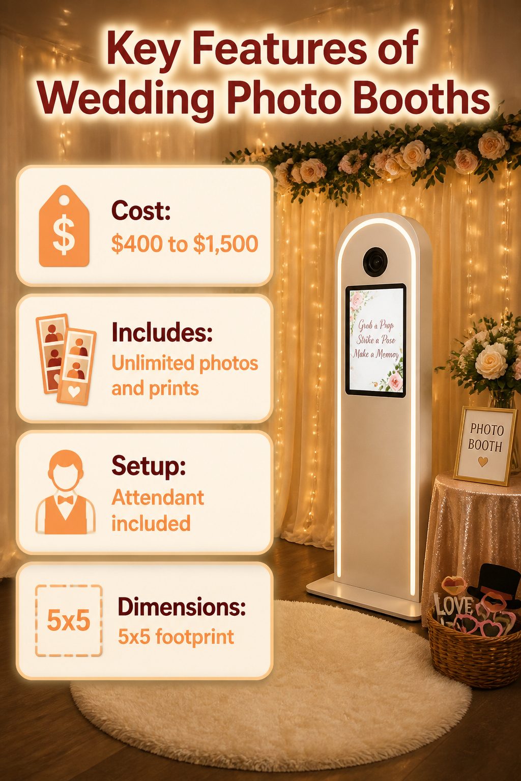 Information graphic detailing key features of wedding photo booths.