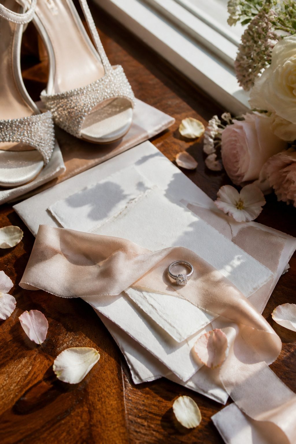An engagement ring, wedding invitations, and shoes displayed on a polished table.