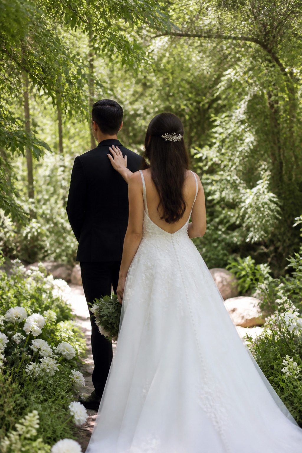 A bride approaches a groom in a secluded garden for their first look.