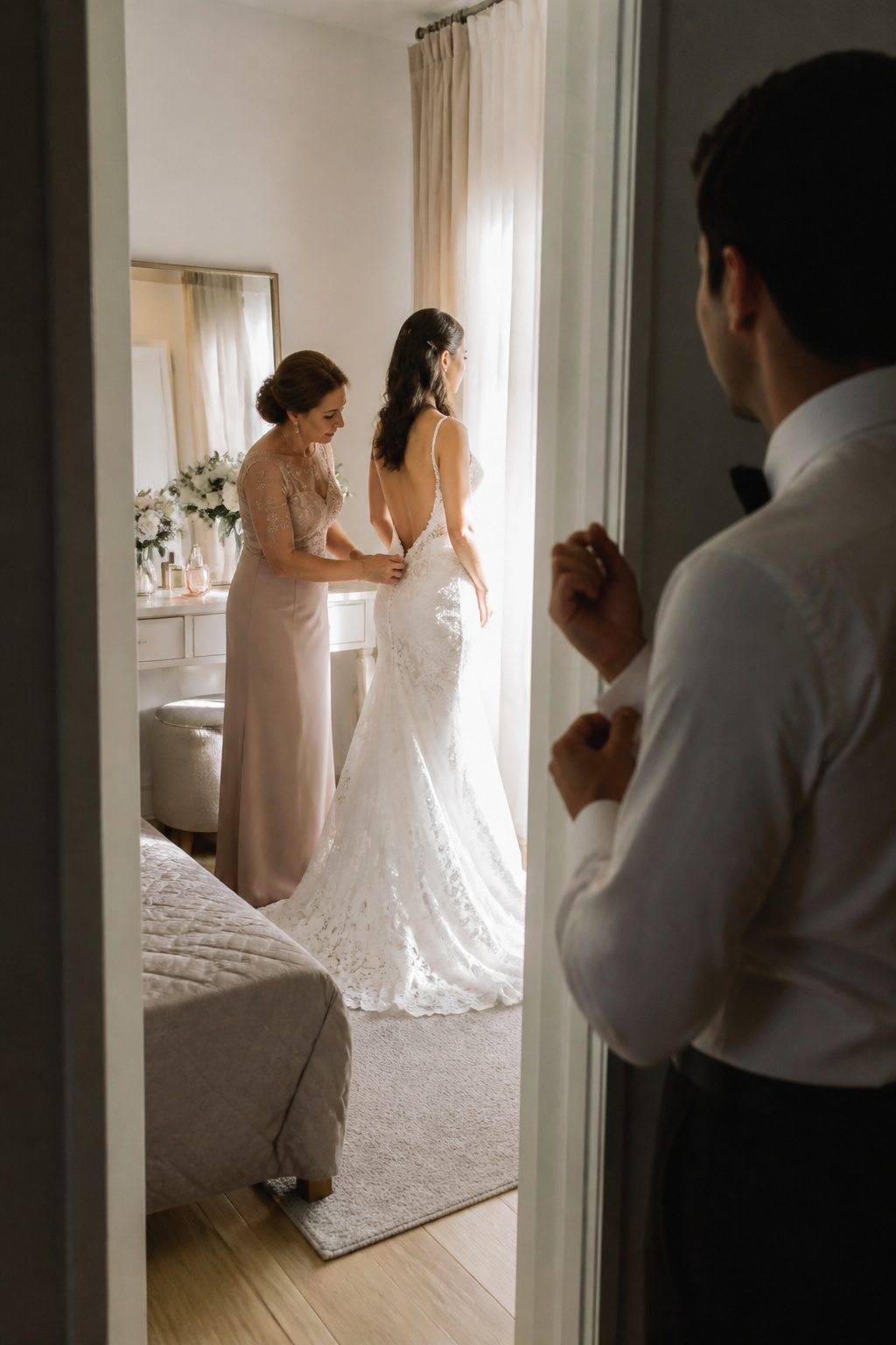 A bride adjusting her wedding dress with her mother in a softly lit room.