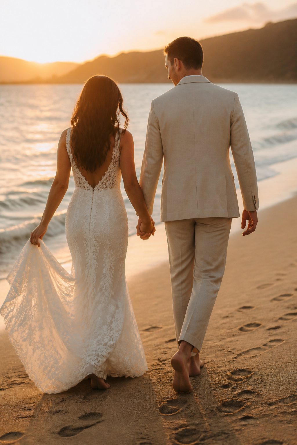 A couple in wedding attire walking on the beach during sunset.