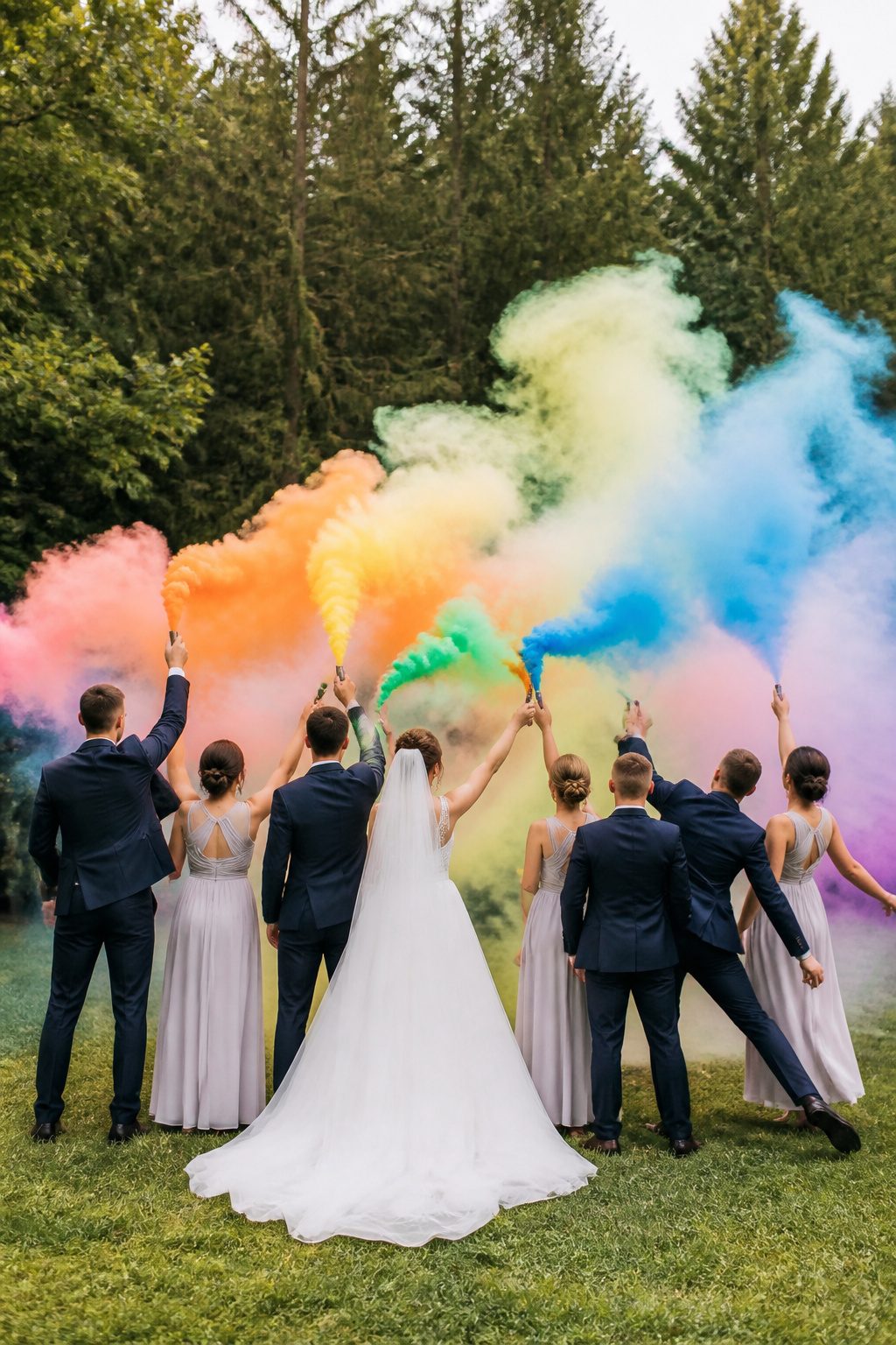 A wedding party holding colorful smoke bombs on a sprawling lawn.