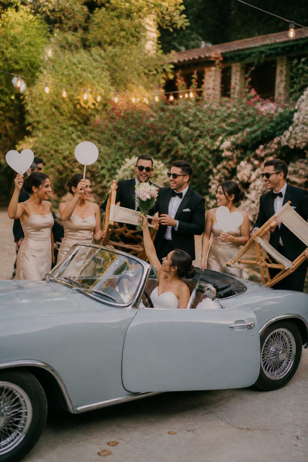 A wedding party gathered around a vintage car with fun props and signs.