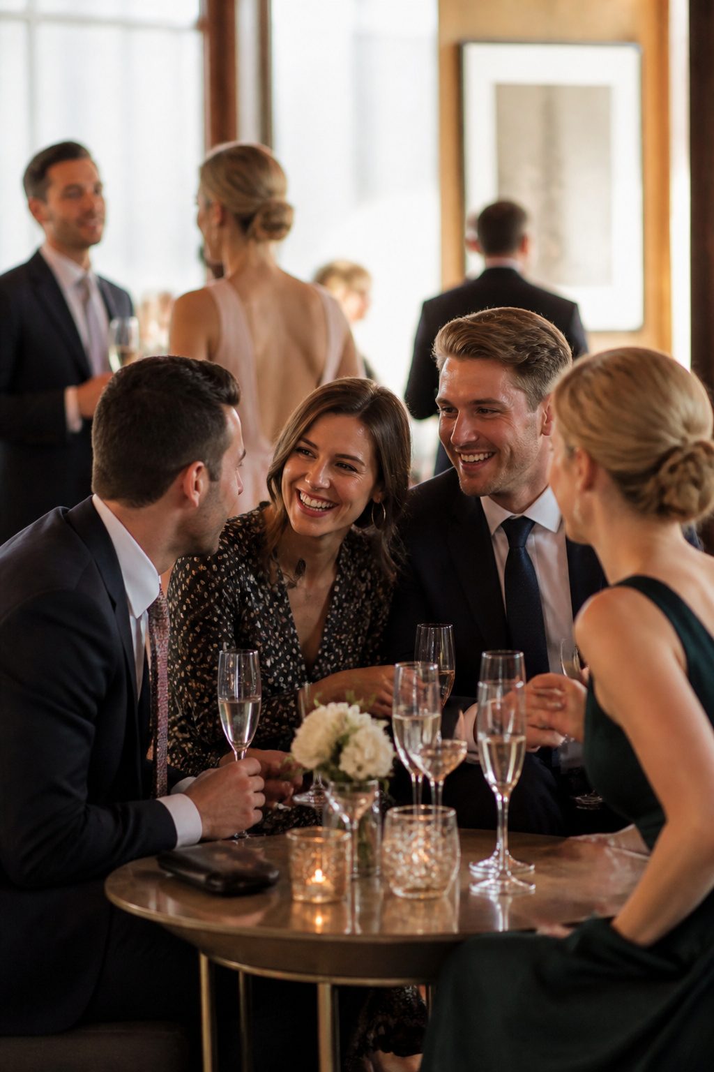 20 Wedding Photos Ideas for 2026 10 Group of guests laughing during cocktail hour.