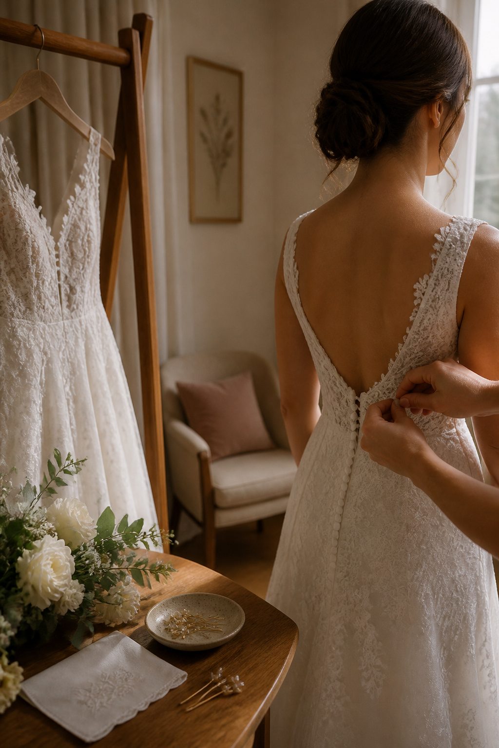 20 Wedding Photos Ideas for 2026 4 Wedding dress hanging in a well-lit getting-ready room.