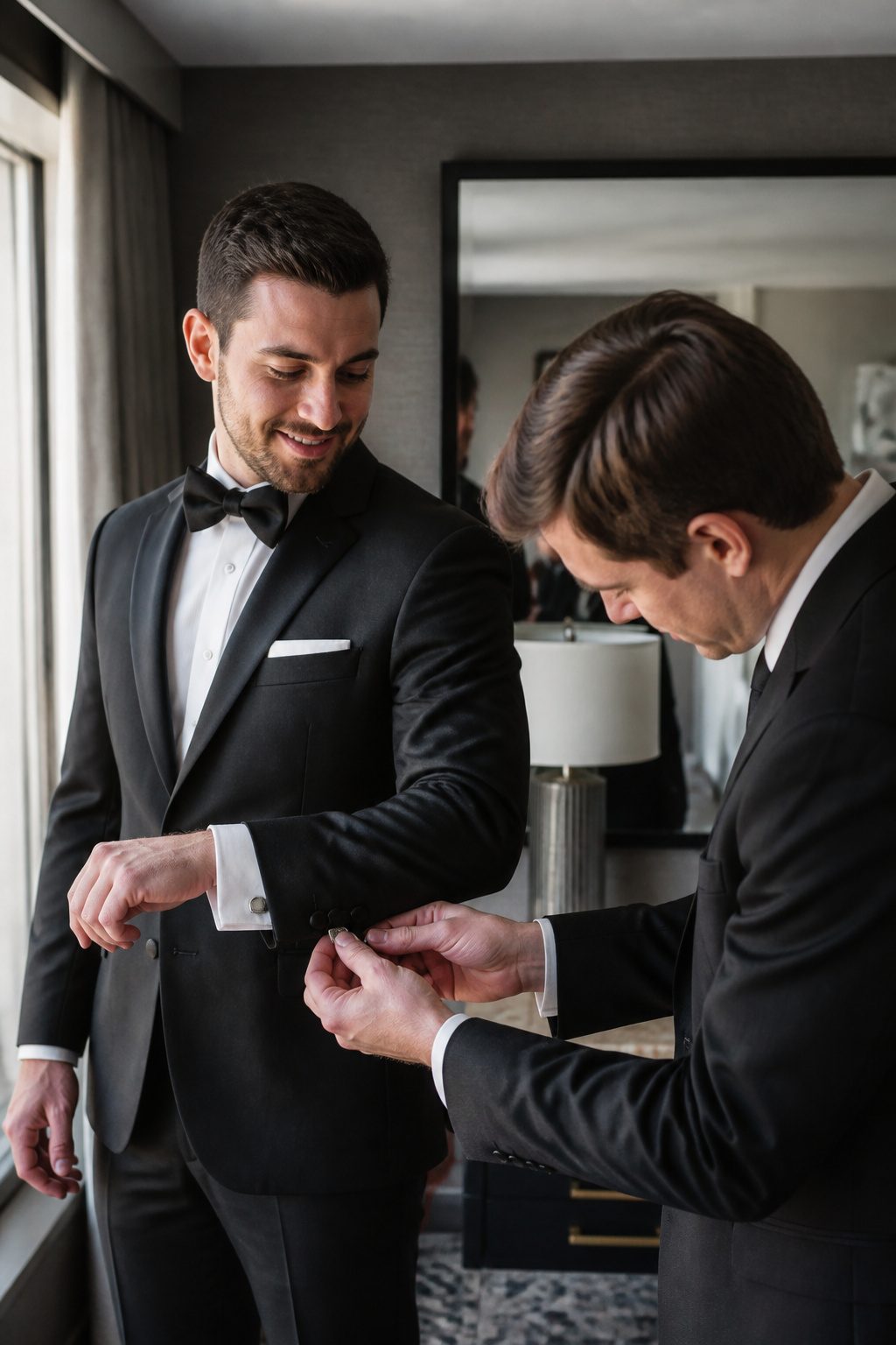 20 Wedding Photos Ideas for 2026 9 Groom getting ready with a best man assisting with cufflinks.