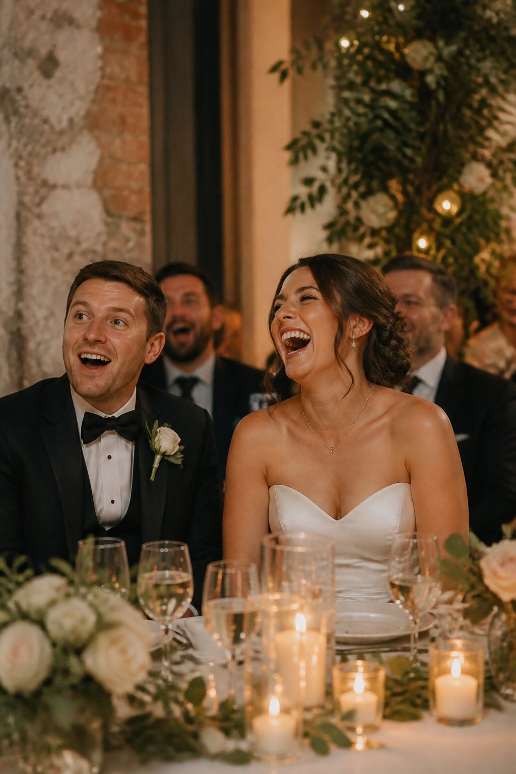 20 Wedding Photos Ideas for 2026 17 Couple laughing during wedding speeches.
