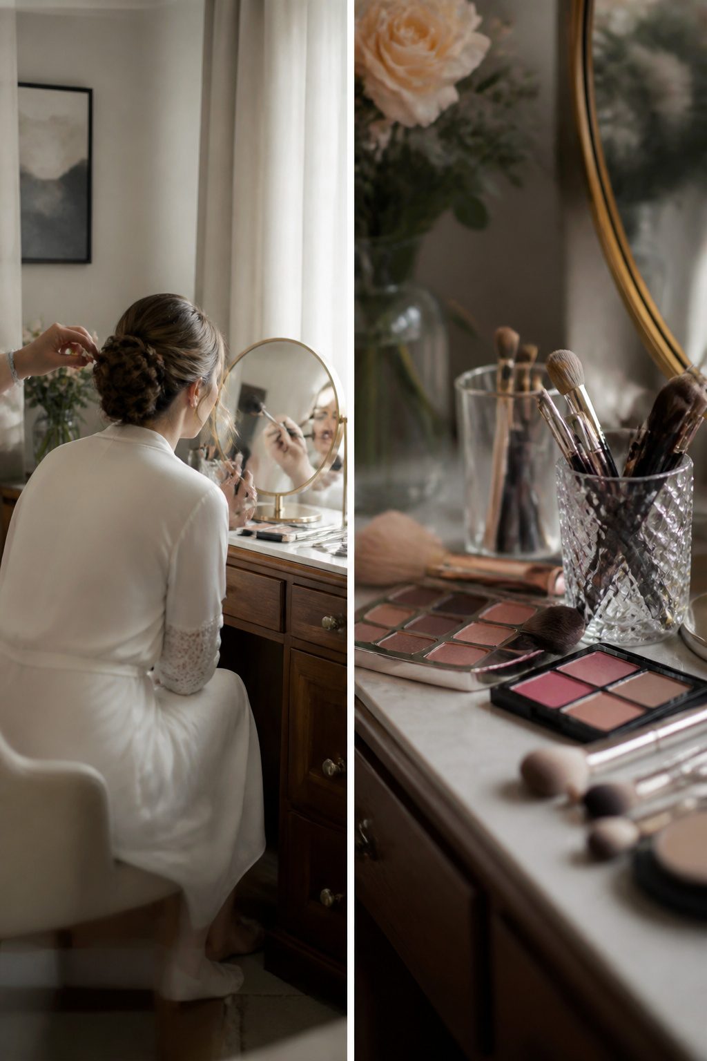 20 Wedding Photos Ideas for 2026 3 Bride applying makeup while looking into a mirror.