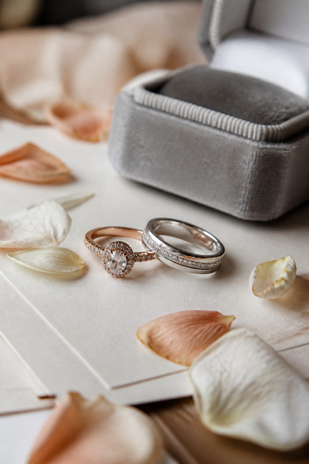 20 Wedding Photos Ideas for 2026 2 Macro shot of wedding rings on an invitation suite.