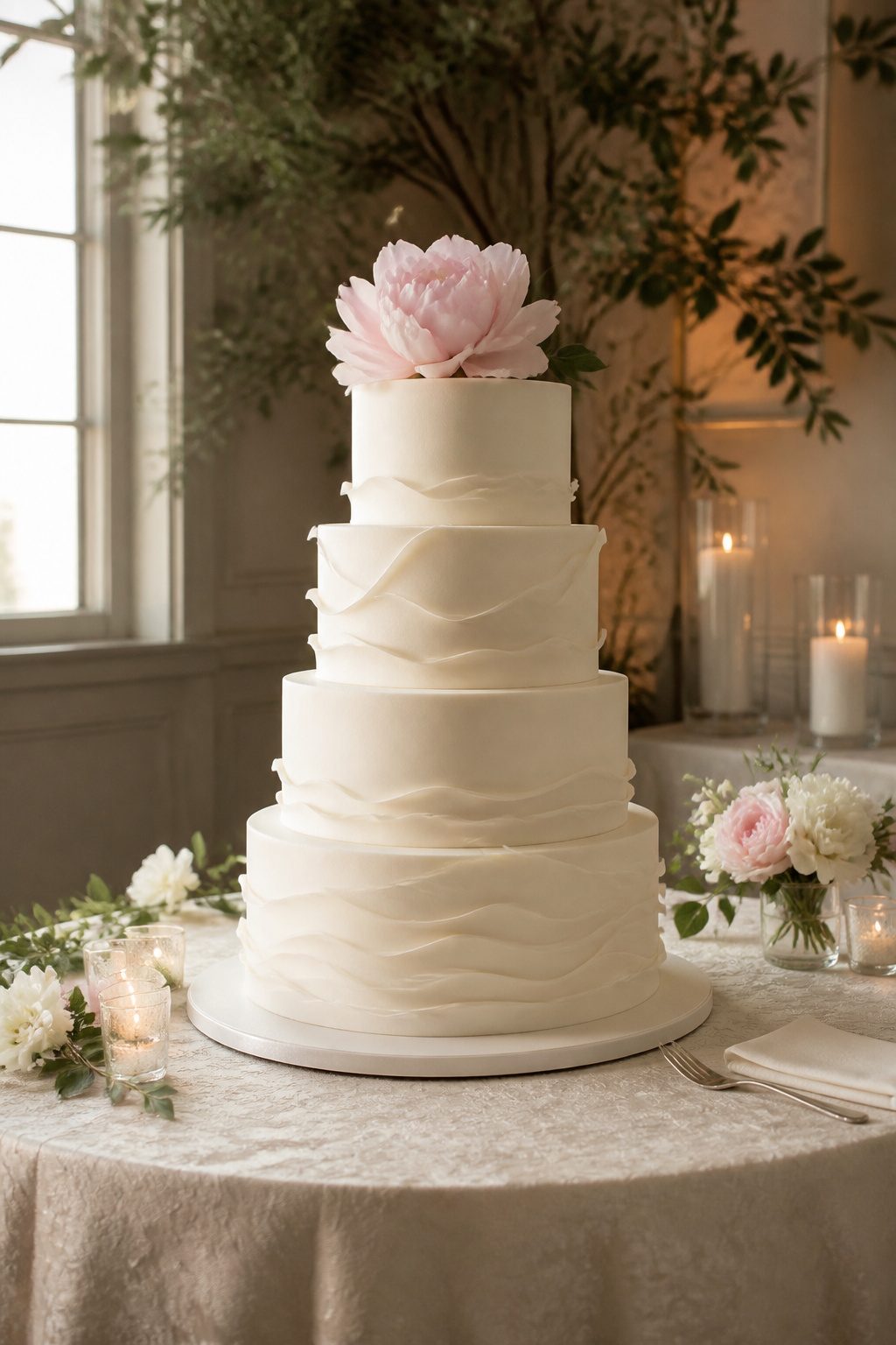 20 Wedding Photos Ideas for 2026 20 Wedding cake on a decorated table before being served.