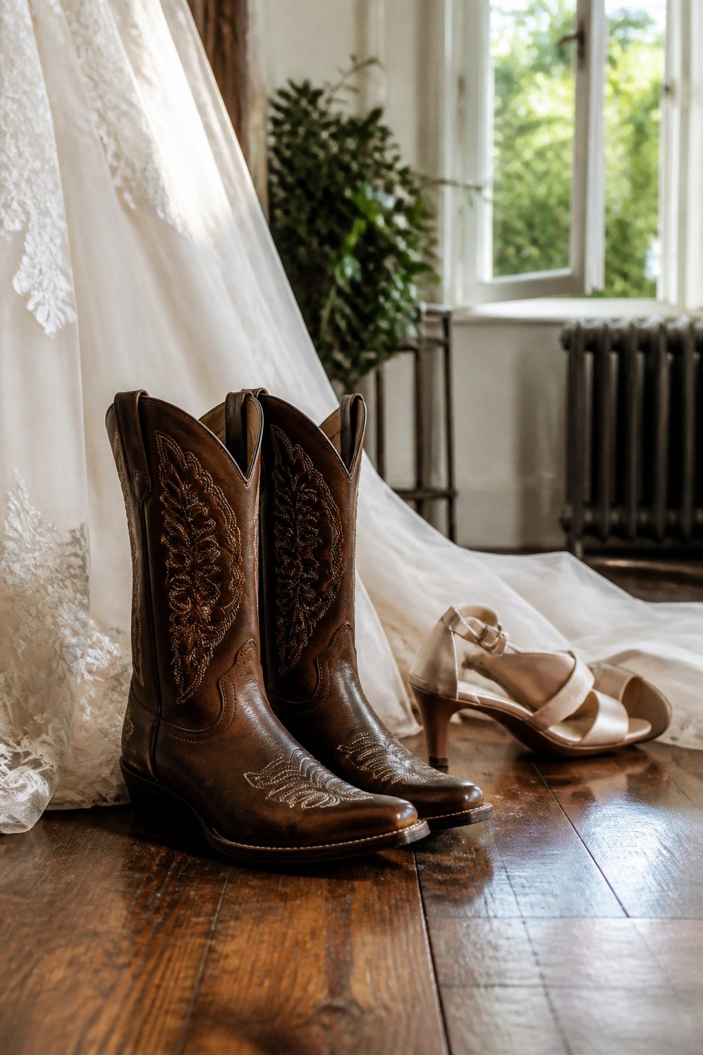 20 Wedding Photos Ideas for 2026 5 Various styles of bridal shoes displayed in the bridal suite.
