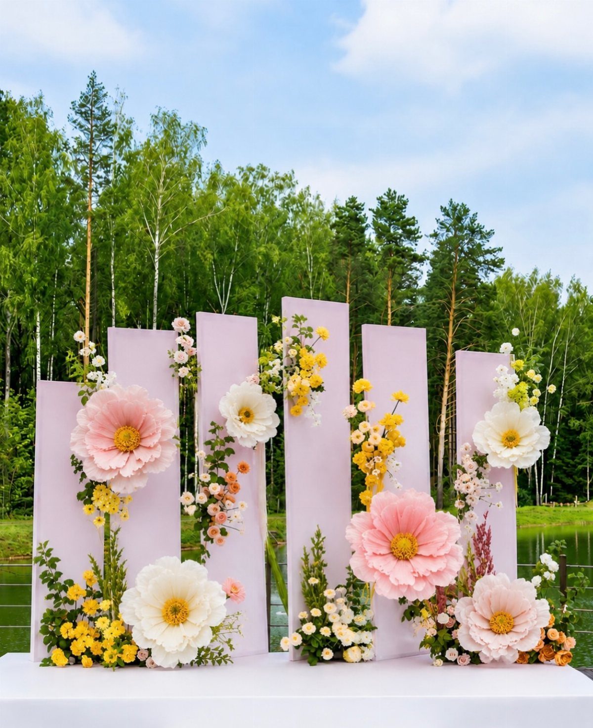 Large pink and white paper flowers attached to tall purple vertical panels in an outdoor setting.
