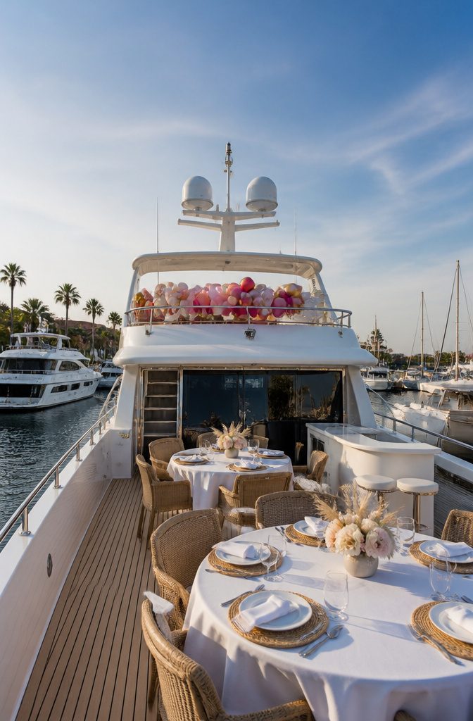 A yacht decorated for a festive party at the marina.