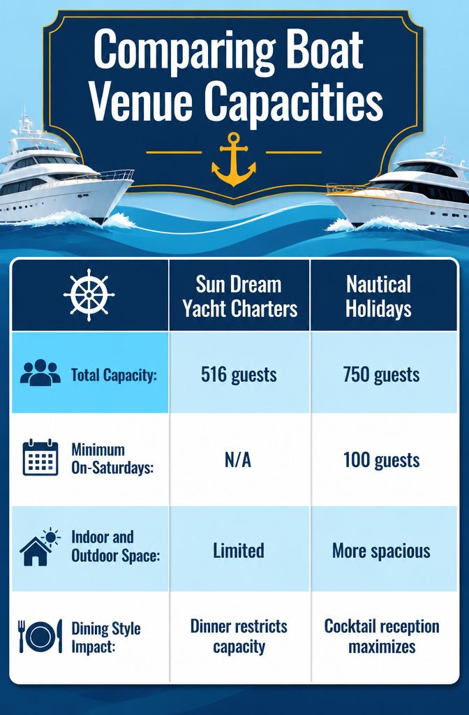 A comparison chart of boat venue guest capacities.