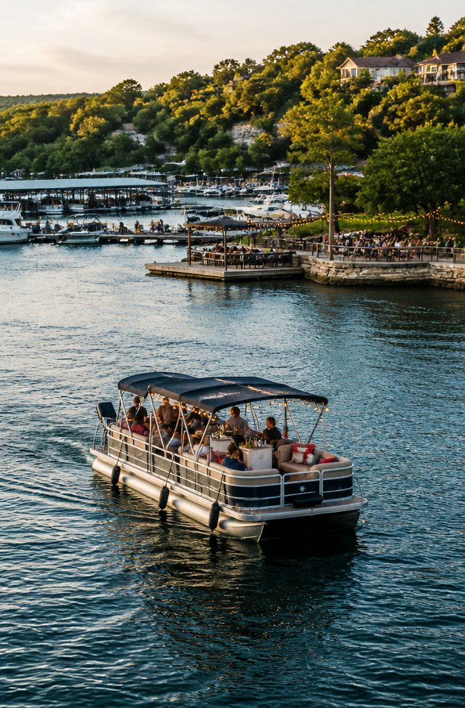 A boat on Lake Travis with guests enjoying the scenic view.