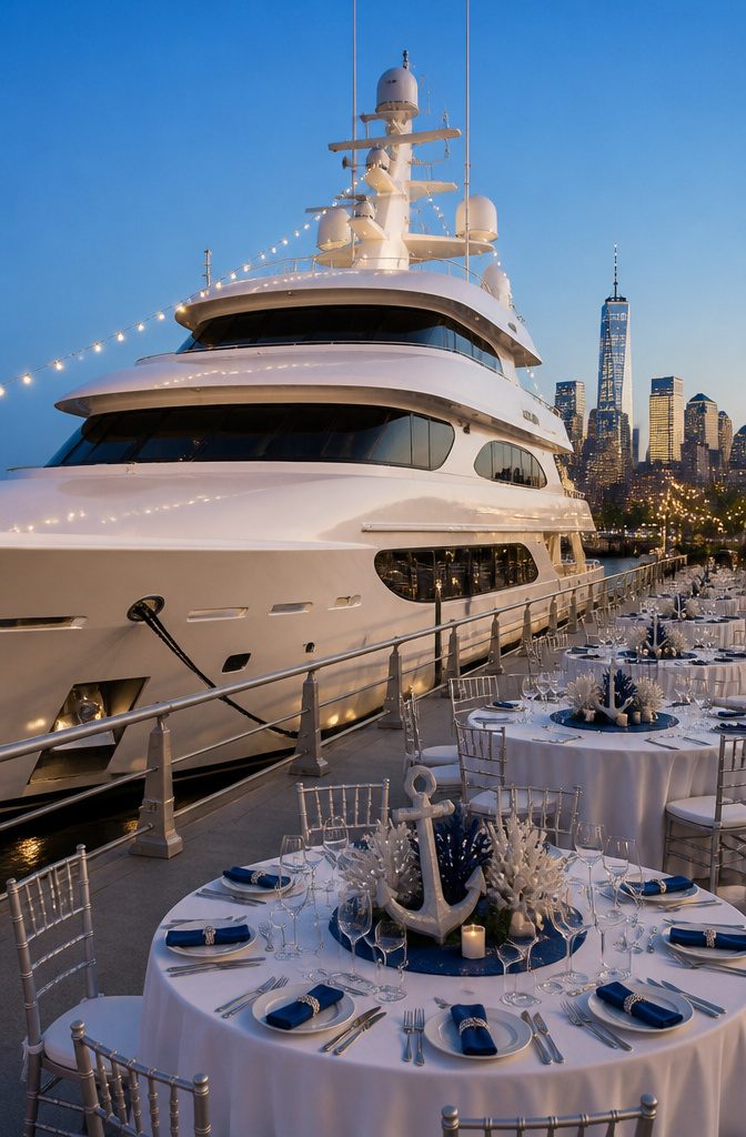The Atlantis yacht docked with a large group of guests on board.