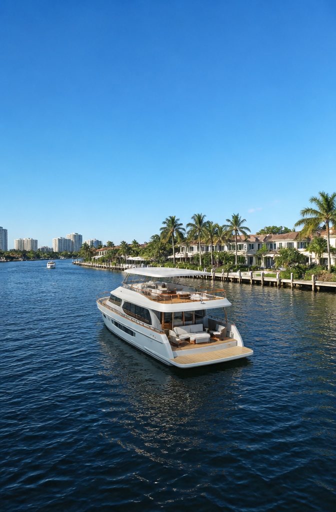 A yacht on the Intracoastal Waterway with guests enjoying the view.