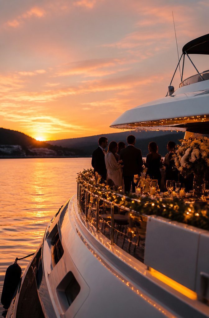 A yacht at sunset on Lake Travis adorned with fairy lights.