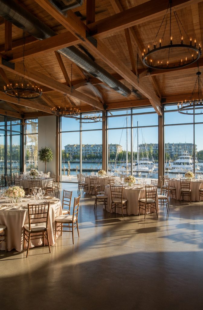 An expansive event space with seating for a wedding reception.