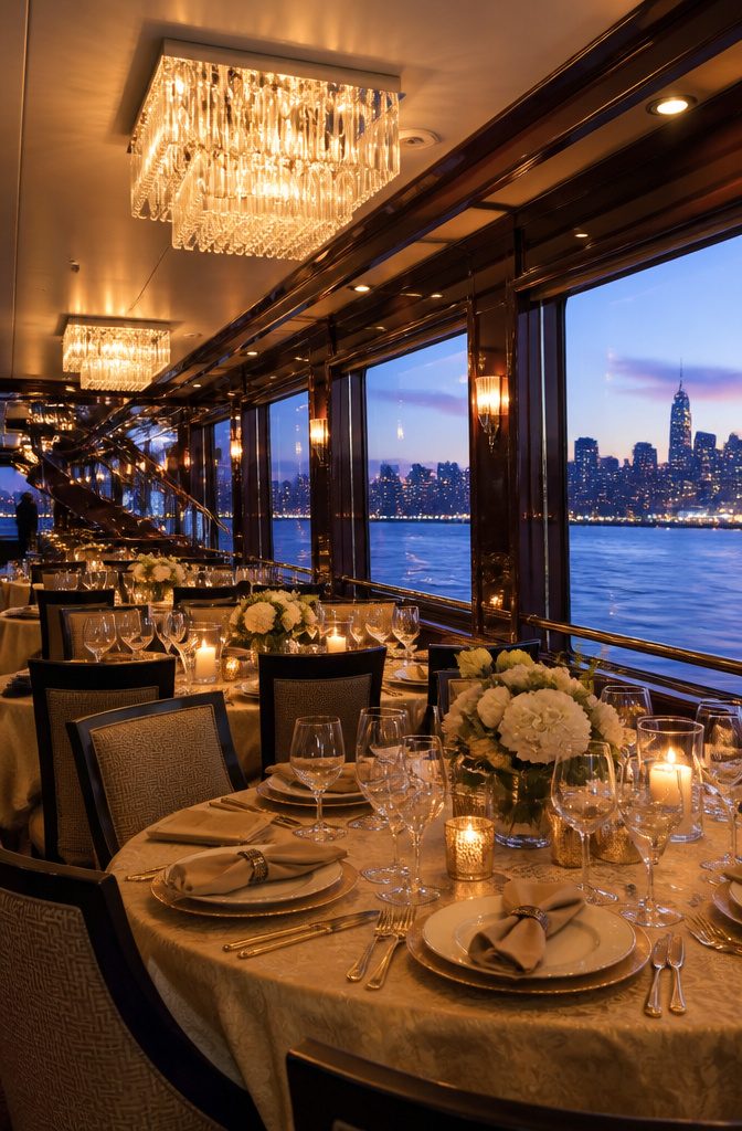 The Atlantica yacht showcasing its dining salon and deck.