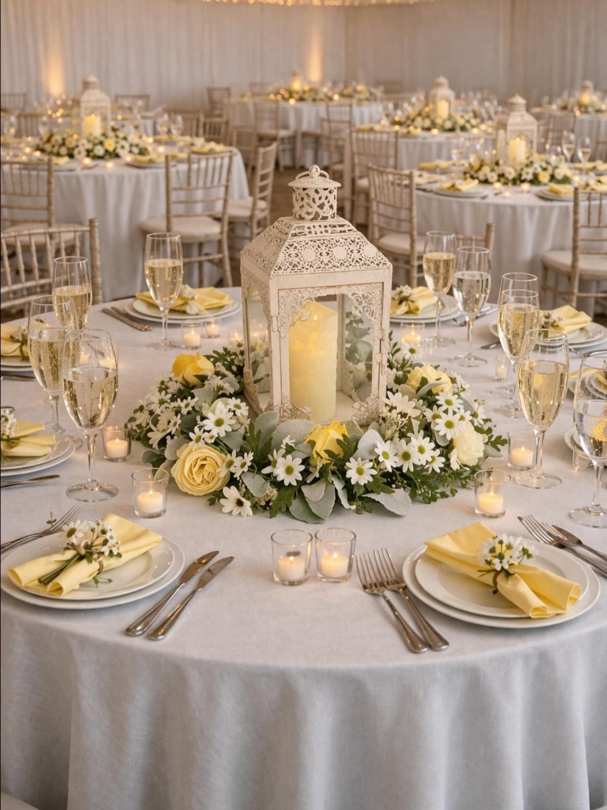 White Flower Centerpieces 5 Ways: From Lily Drama to Daisy Casual 3 White daisies and yellow roses arranged around a white lantern centerpiece on a banquet table.